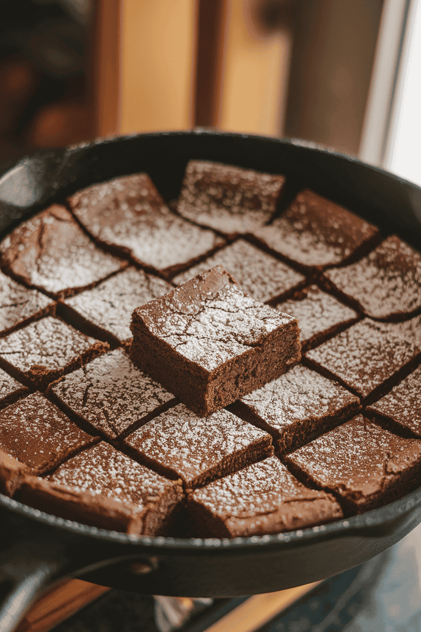 A warmly lit indoor skillet with fudgy brownie squares, lightly cracked on top and dusted with powdered sugar. No logos anywhere.