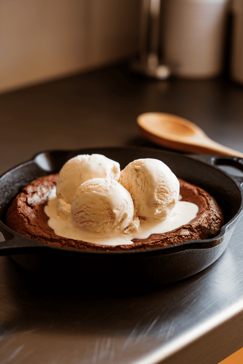 Indoor photo of a cast-iron skillet holding a fudgy brownie, topped with scoops of vanilla ice cream beginning to melt; warm countertop scene; no text or logos