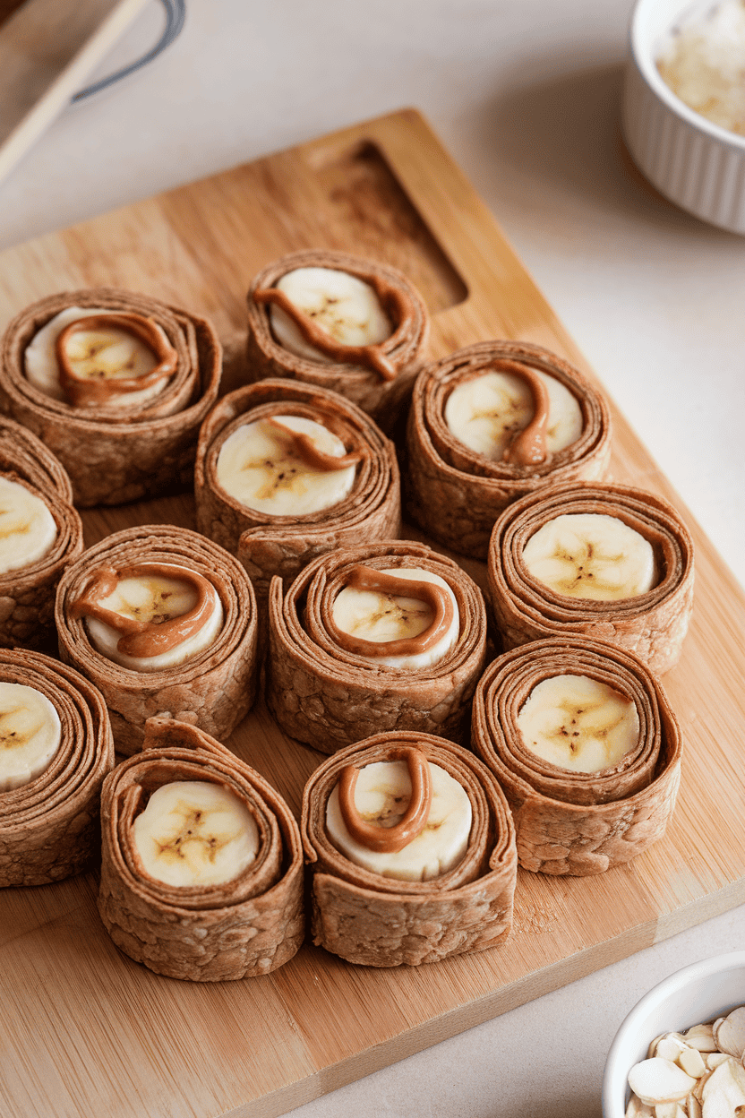 An indoor cutting board showing banana sections wrapped in whole-grain tortilla, sliced into pinwheels with almond butter visible in spirals. No text or logos. Photo only.