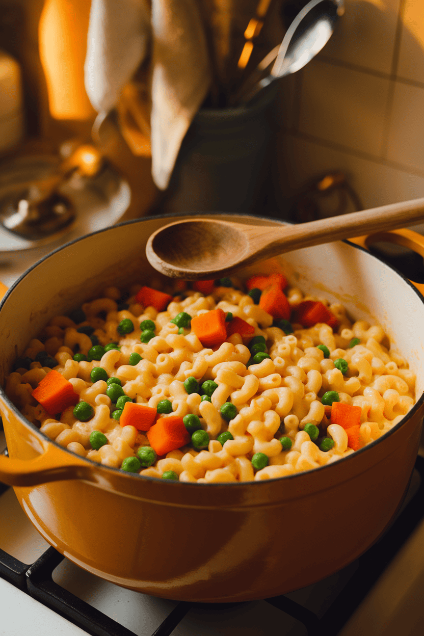 A warmly lit indoor stovetop scene featuring a Dutch oven filled with creamy macaroni and cheese dotted with bright green peas and carrot cubes, a wooden spoon resting on the pot rim. No text or logos anywhere in the photo.
