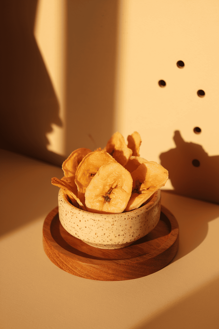 A warm-lit indoor bowl of crunchy dried banana chips placed on a wooden coaster, no text or logos, photograph.