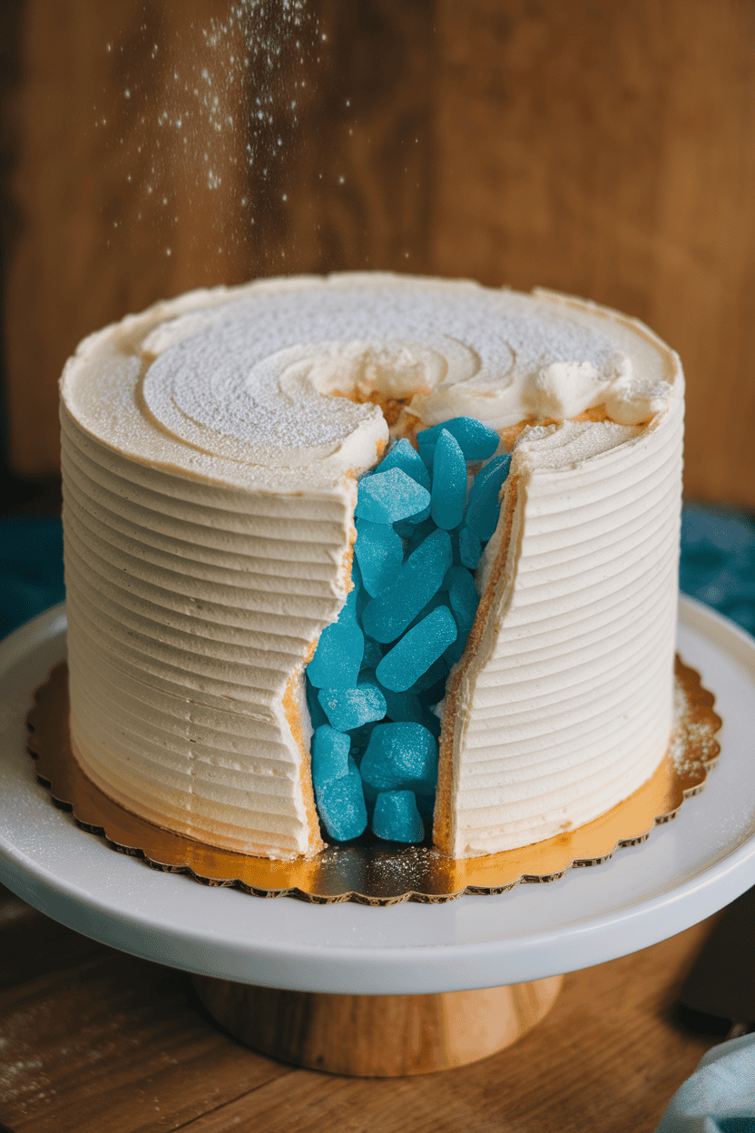 Indoor photo of a fault-line cake with a jagged mid-section filled with sparkling blue rock candy and buttercream waves; soft studio lighting; no text or logos.