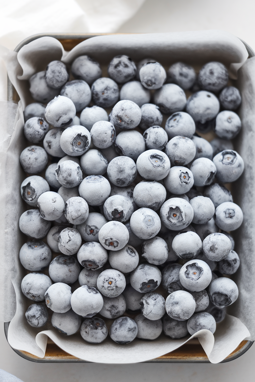 A parchment-lined indoor tray of yogurt-coated frozen blueberries, lightly frosted, no text or logos.