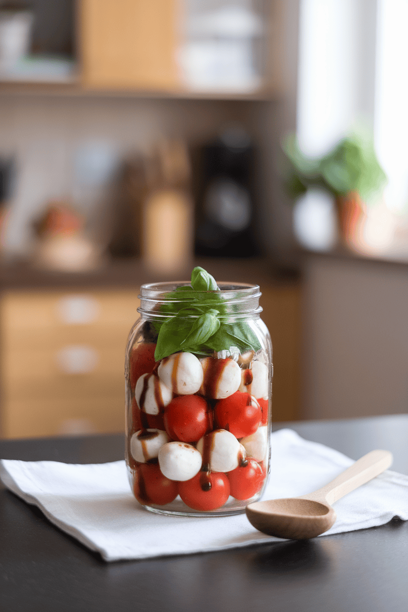 An indoor countertop with small glass jars layered with cherry tomatoes, mozzarella pearls, basil leaves, and a drizzle of balsamic vinaigrette. No brand markings visible.