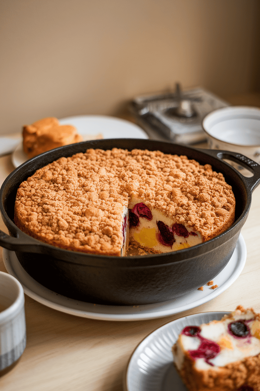 An indoor kitchen table featuring a round cake baked in a cast-iron Dutch oven, topped with golden crumble and sliced open to reveal fruit filling, softly lit. No text or logos; photograph.