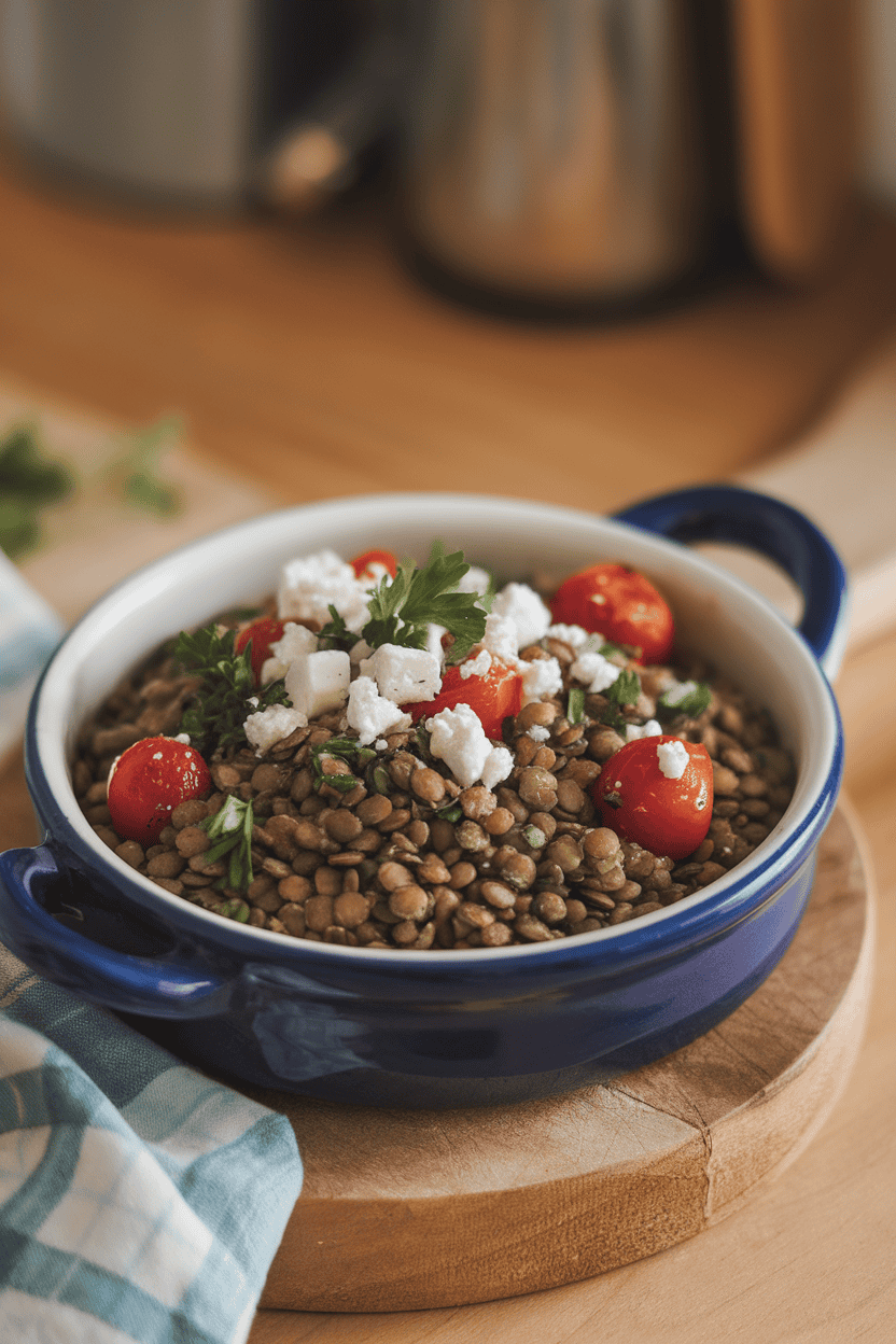Indoor ceramic dish showing cooked green lentils combined with cherry tomatoes, parsley, and crumbled feta. Photo only, no text or logos.