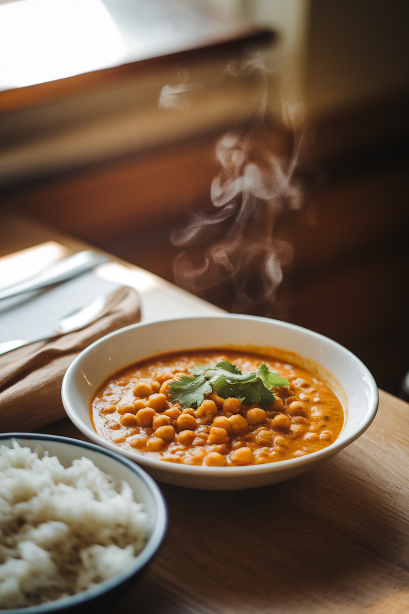 A warmly lit indoor table scene with a shallow white bowl of creamy chickpea curry garnished with cilantro, accompanied by a side of fluffy rice. The photo shows steam rising gently, no text or logos anywhere in sight.