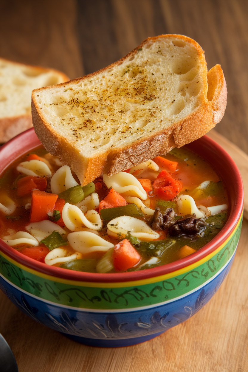 Photo of a colorful bowl of minestrone soup packed with vegetables and pasta, slice of garlic toast balanced on rim, no text or logos