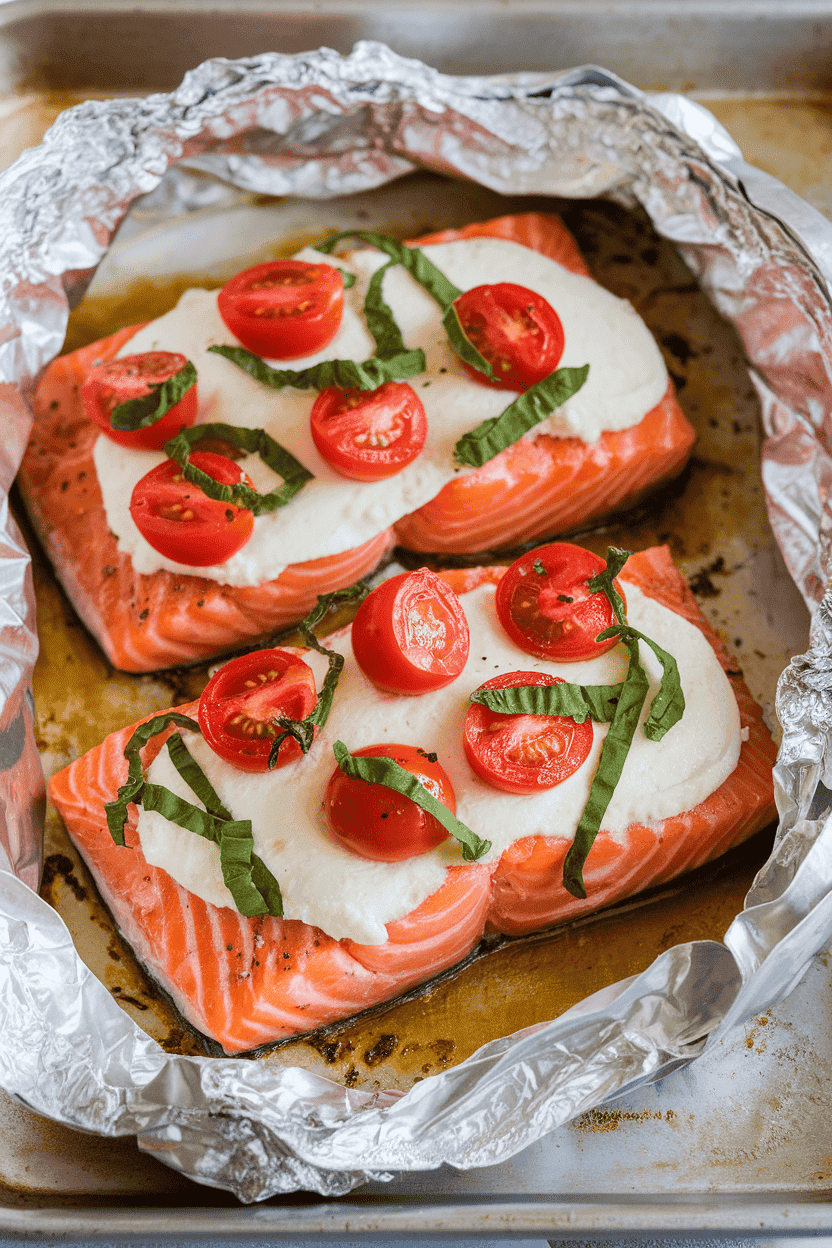 Indoor photo of cooked salmon topped with melted mozzarella, cherry tomato halves, and basil ribbons, all on foil. No text or logos anywhere.