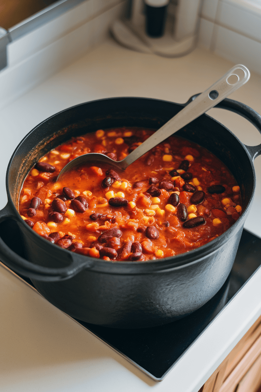 Indoor countertop with a heavy pot of hearty chili—kidney beans, tomatoes, and corn—ladle resting on the rim, no logos or text visible.