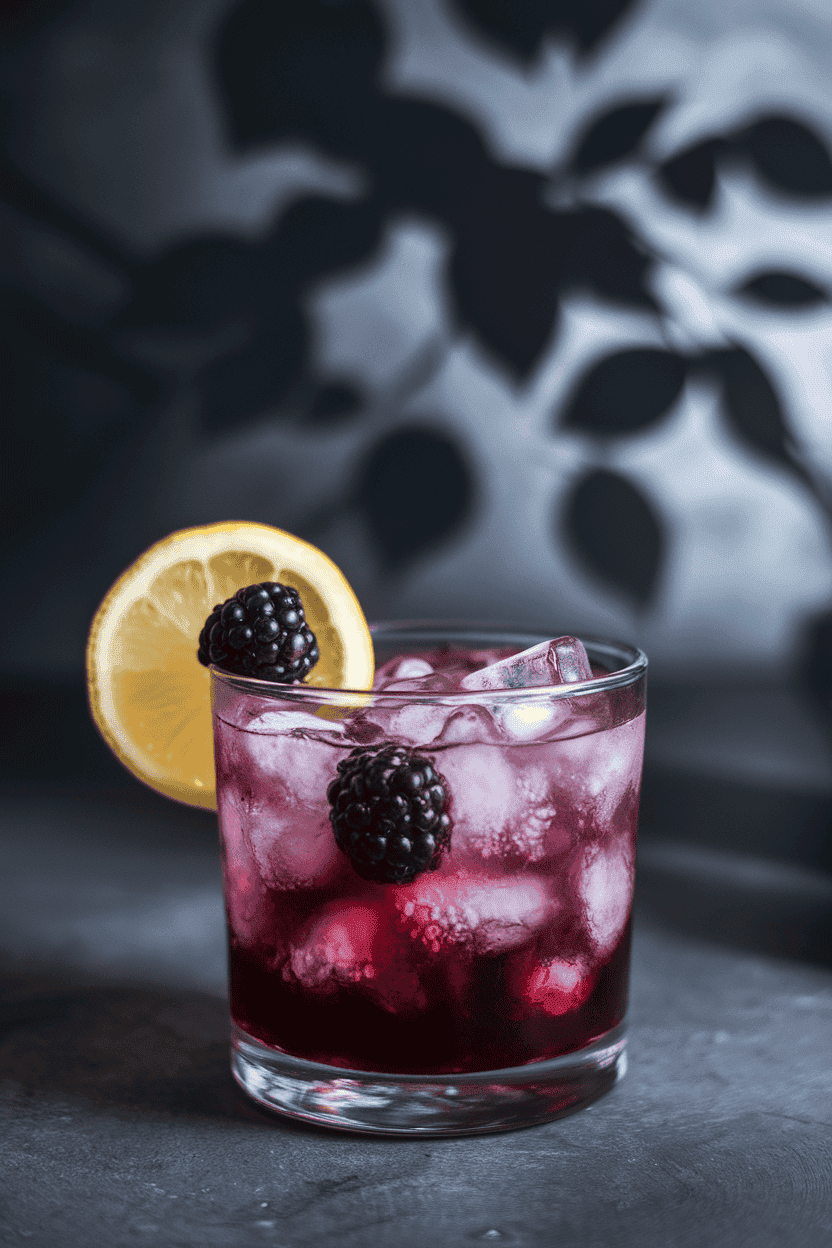 Photo, indoors, rocks glass with purple-tinged bramble punch over crushed ice, blackberry and lemon wheel nestled together. No text or logos.