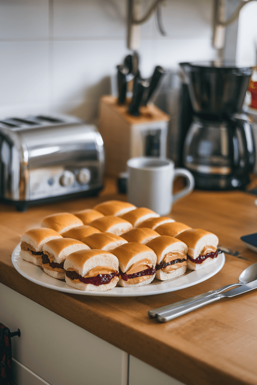 A cozy indoor kitchen counter with small slider buns spread with peanut butter and grape jelly, arranged in neat rows. No logos or text present; photo only.