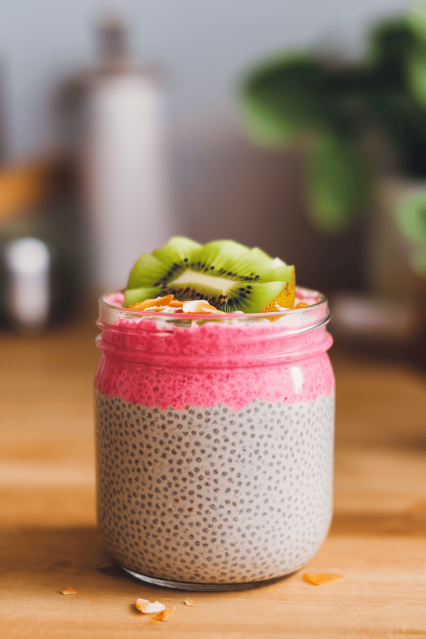 A glass jar on an indoor countertop layered with overnight chia pudding, topped with sliced kiwi and a few toasted coconut flakes. No text or logos. Photo only.