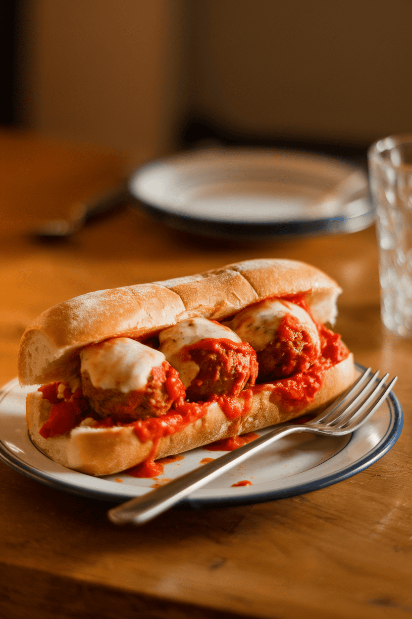 Indoor dining table with a sub roll stuffed with tomato-sauced turkey meatballs and melted mozzarella, sauce dripping slightly. No text or logos, warm lighting. Photo only.