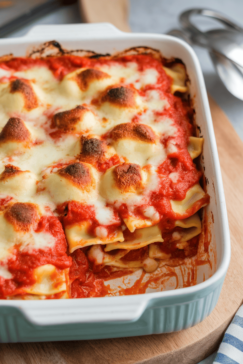 Indoor casserole dish lined with layers of cheese ravioli, marinara, and melted mozzarella browned on top, ladle resting nearby. No logos or text.
