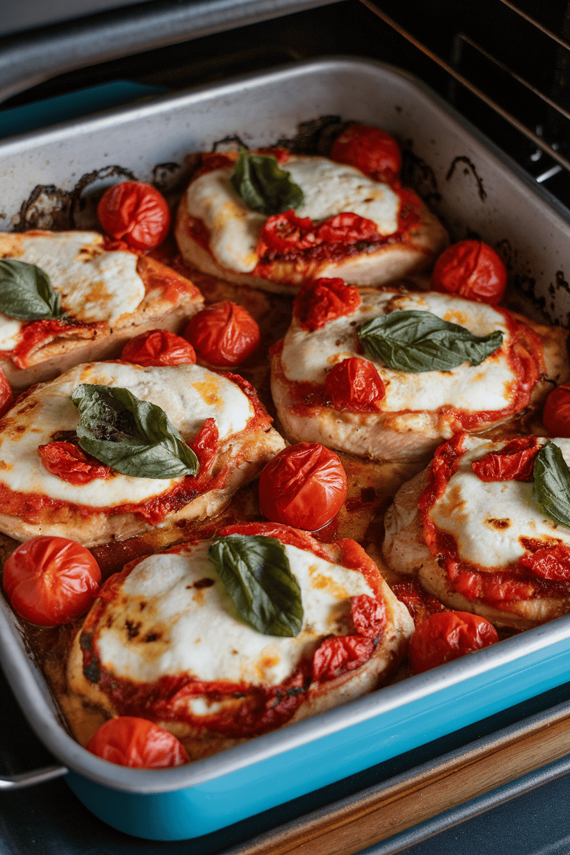 Indoor oven-side shot of a baking dish holding chicken breasts topped with melted mozzarella, cherry tomatoes, and fresh basil leaves; no text or logos visible.