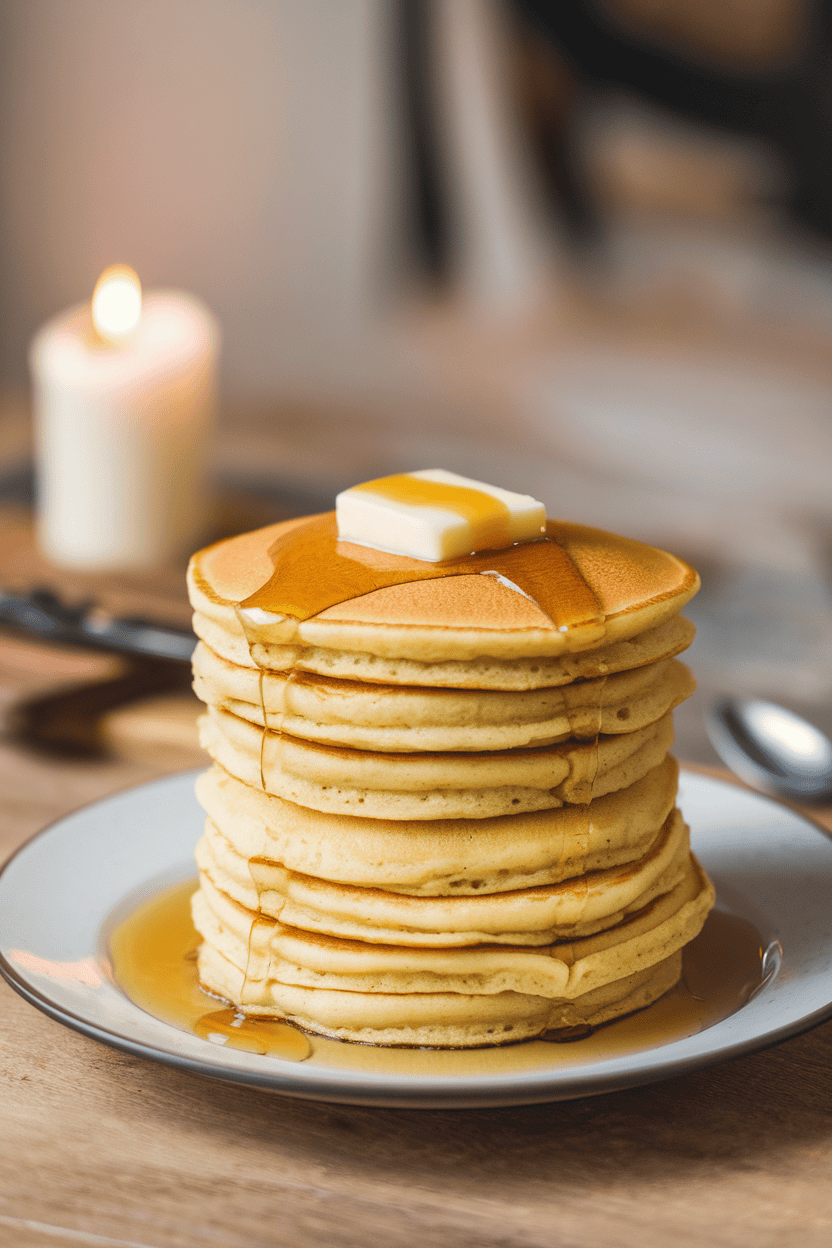Indoor photo of a tall stack of golden pancakes topped with butter and maple syrup on a simple white plate, no text or logos