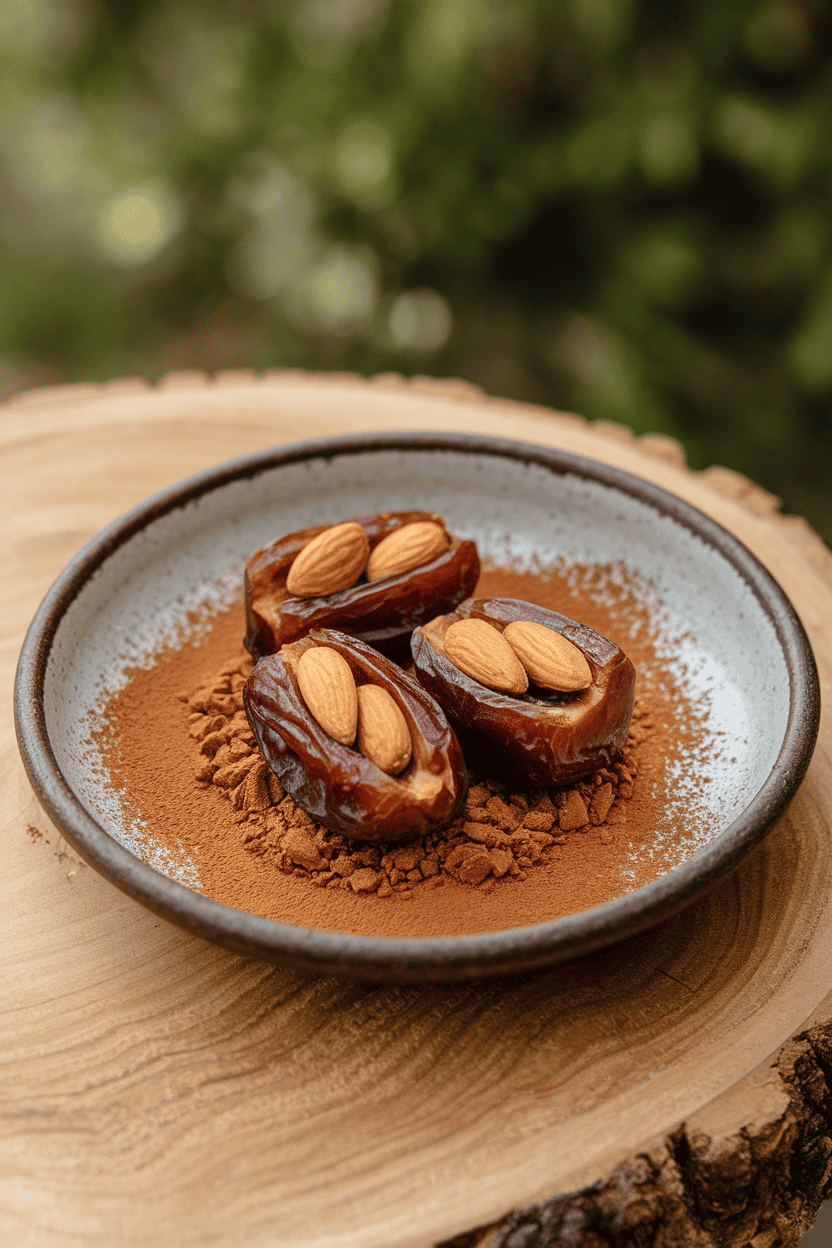 A small indoor ceramic plate holding glossy Medjool dates split open and filled with whole roasted almonds, a light dusting of cocoa powder around them. No logos or text. Photo only.