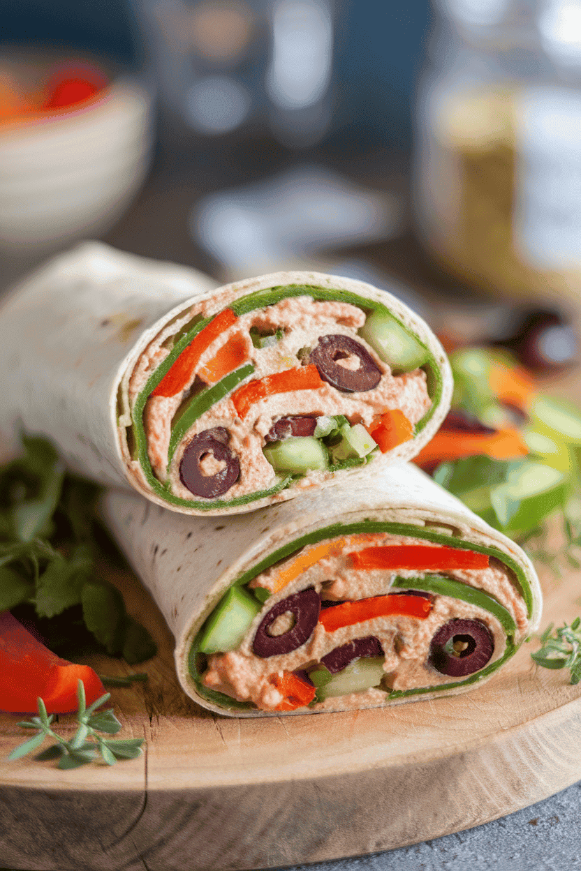 Indoor photo of a veggie hummus wrap sliced to reveal colorful bell peppers, cucumbers, and olives, no text or logos anywhere.