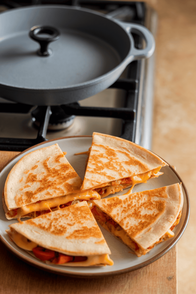 An indoor stovetop scene with a cast-iron skillet holding a golden corn-tortilla quesadilla, cheese oozing from the edge, sliced in triangles on a plate nearby. Photo only; no text or logos.