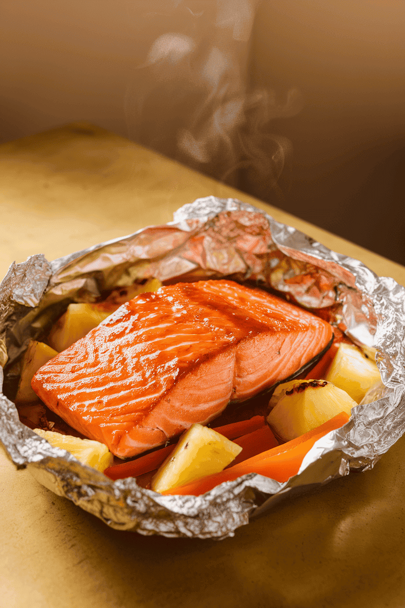 Photo of a cooked salmon fillet glazed with teriyaki sauce, resting on pineapple chunks and bell pepper strips inside an opened foil packet on an indoor table. Warm lighting; no text or logos.