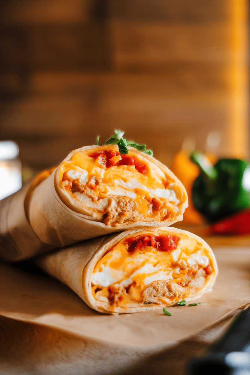 Photo of a breakfast burrito sliced open to reveal fluffy eggs, cheese, and salsa, photographed indoors with warm light; no text or logos.