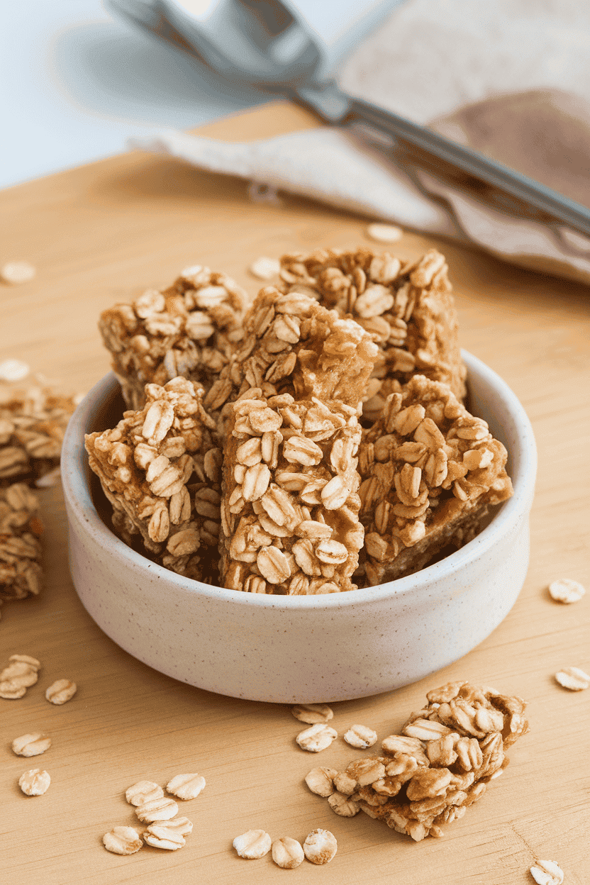 An indoor breakfast nook displaying several small oat granola bars on a plain ceramic dish with a few loose oat clusters nearby. No text or logos, photo only.