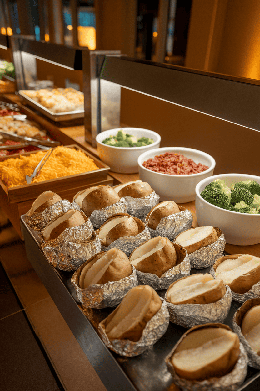 An indoor buffet with halved baked potatoes wrapped in foil, bowls of shredded cheese, bacon bits, and broccoli, all under warm lighting. No text or logos present.