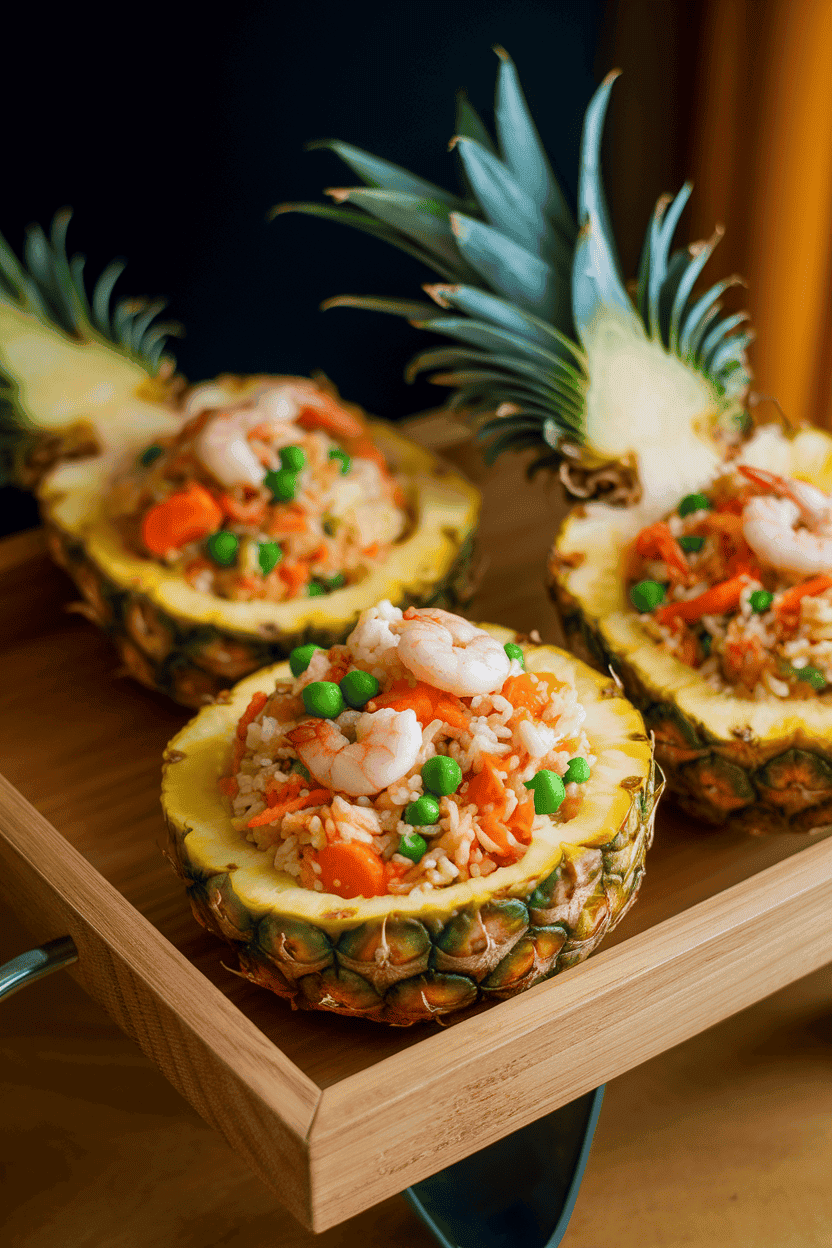 Indoor photo of hollowed pineapple halves filled with colorful fried rice—peas, carrots, and cooked shrimp visible—set on a serving tray. Soft, warm lighting; no text or logos.