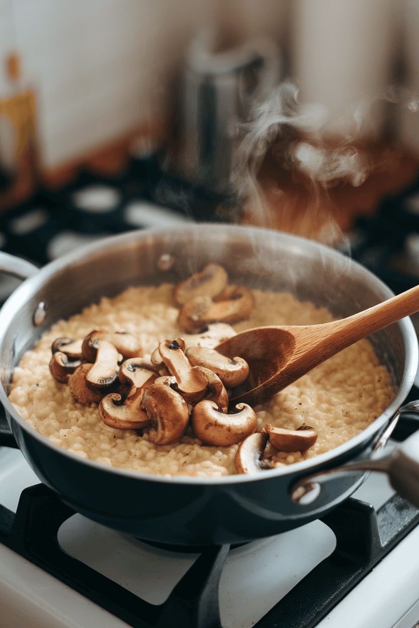 Indoor stovetop close-up of a saucepan of creamy risotto studded with sautéed mushrooms, a wooden spoon stirring; steam rising, no logos or text, photo not illustration.