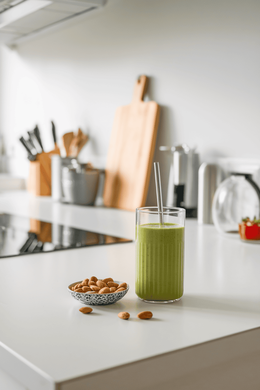A modern indoor countertop featuring a bright green smoothie in a clear tumbler, beside a small dish of raw almonds; soft studio lighting; photograph, not illustration; no text or logos.