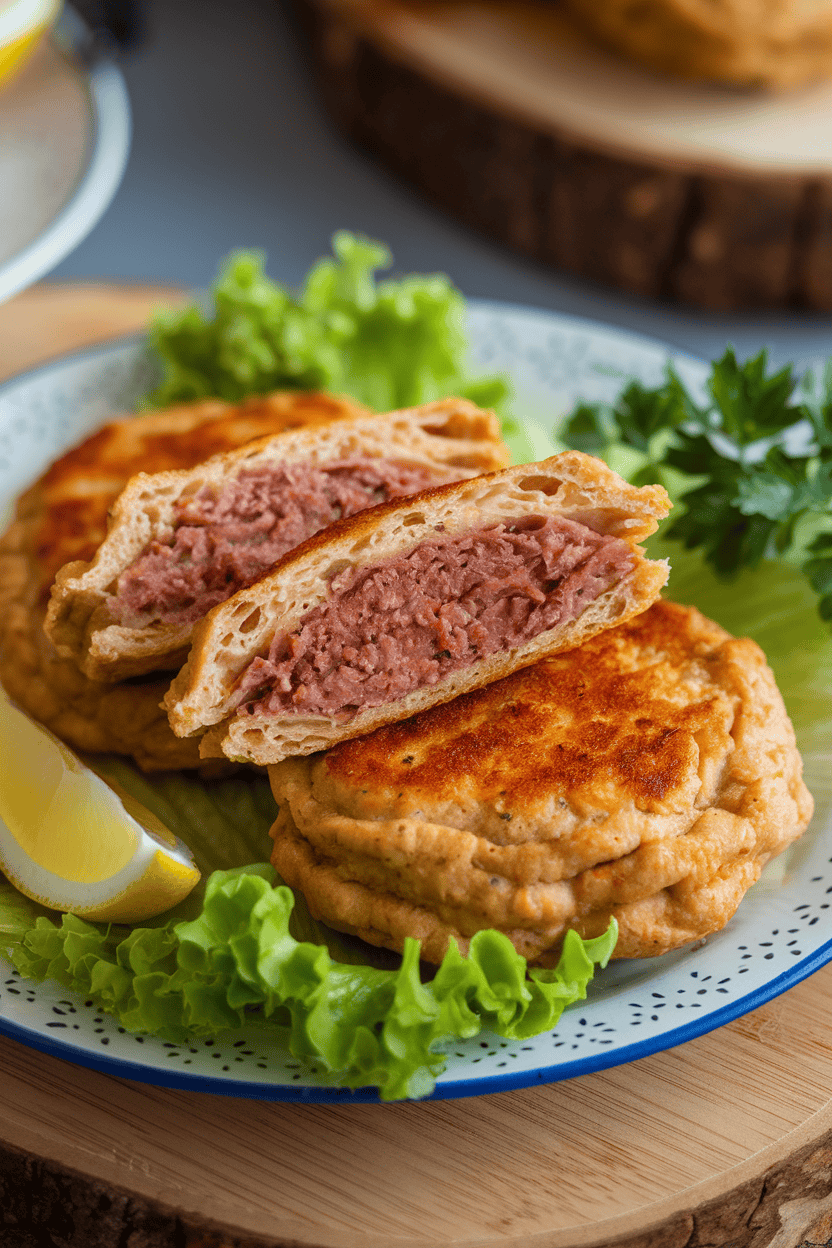 An indoor plate holding flaky golden beef patties split open to reveal spiced filling; photo, no text or logos.