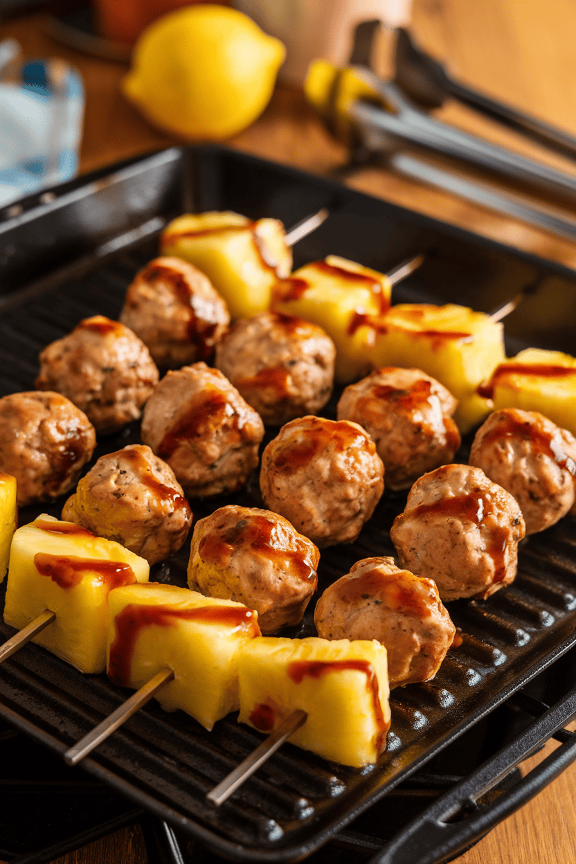 An indoor grill-pan view of cooked chicken meatballs and pineapple chunks glazed in teriyaki sauce, skewers resting on a platter. No logos.