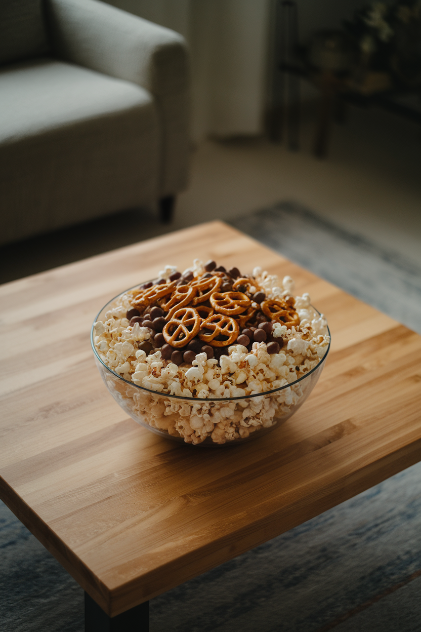 Indoor coffee table with a large bowl of popcorn mixed with pretzel twists and small chocolate candies, soft ambient light. No visible text or logos.