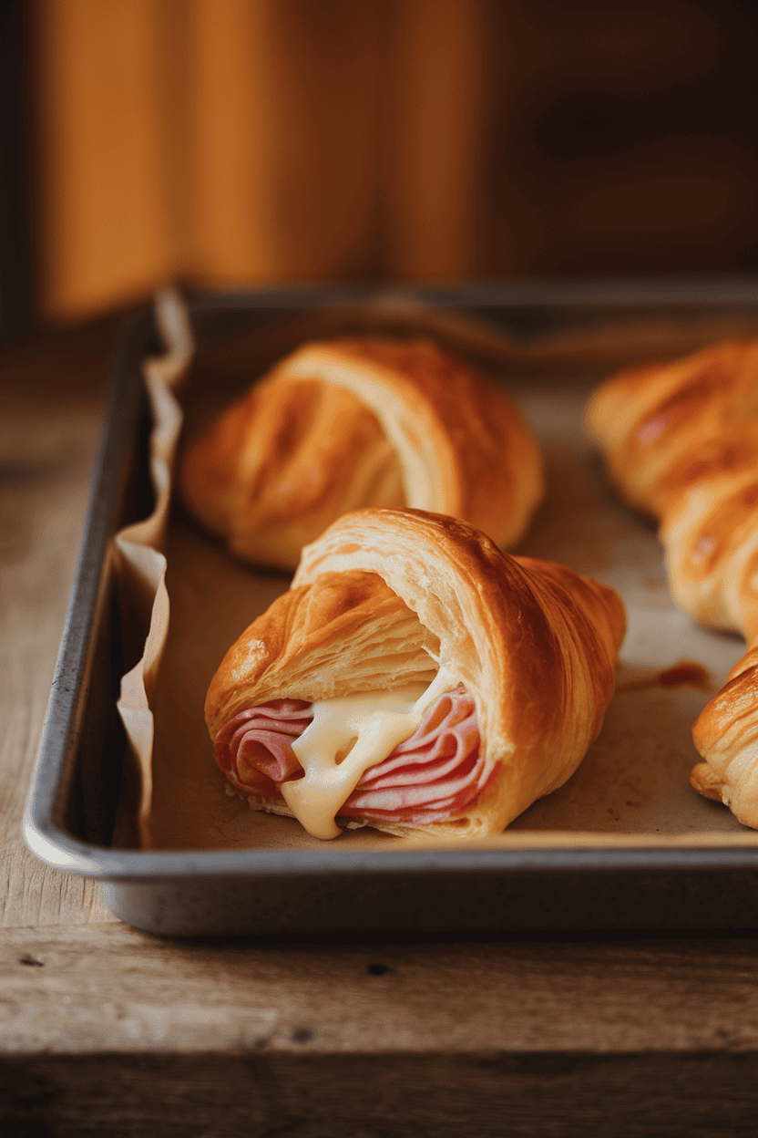 An indoor baking tray lined with flaky croissant dough wrapped around ham and cheese, one pocket split open revealing melted filling; no logos, cozy lighting. Photo, not illustration.