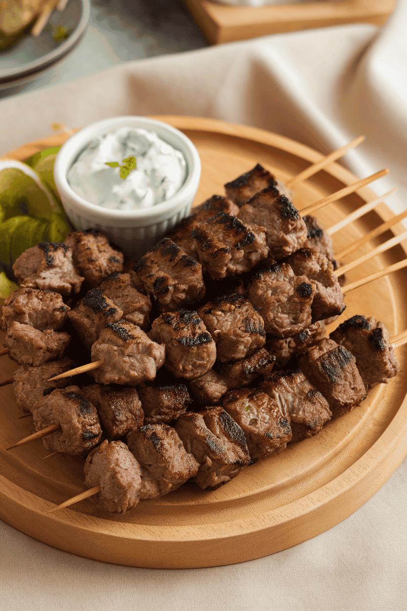 Indoor platter holding grilled beef kofta skewers, a small bowl of tzatziki sauce at the side, photographed slightly overhead. Photo only, no text or logos.