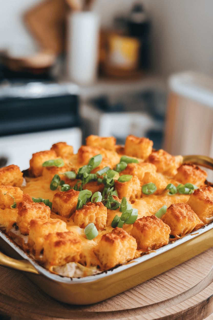 Indoor casserole dish bubbling with cheese-topped tater tots over a creamy filling, browned to a golden crust. No text or logos.