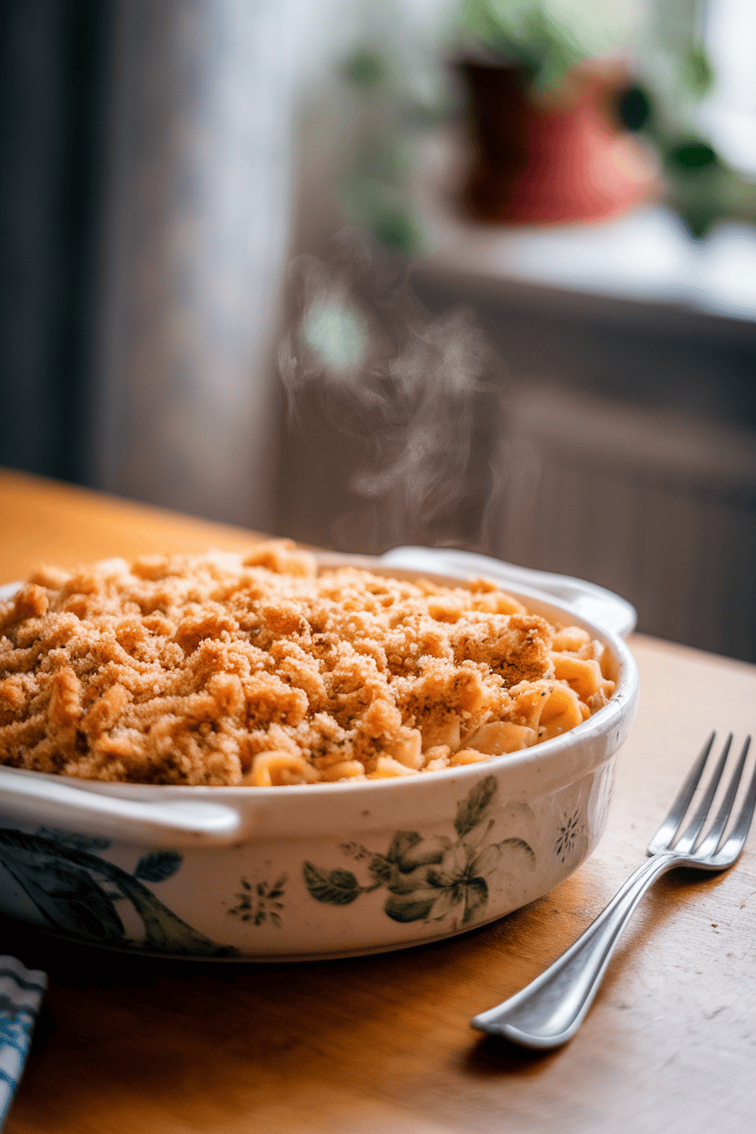 An indoor kitchen table holding a casserole dish of bubbly tuna noodle casserole with crunchy breadcrumb topping, steam rising gently. No logos visible; photo, not illustration.