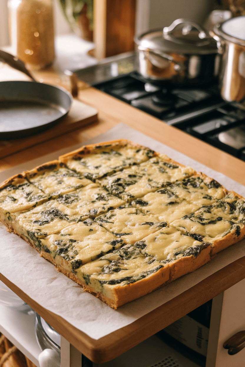 Indoor kitchen island with a cooled rectangular frittata, cut into neat squares showing green spinach flecks and melted cheese inside. No text or logos visible.