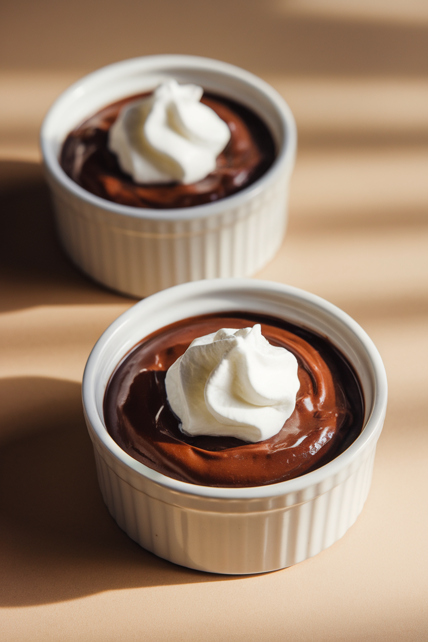 Indoor photo of two ramekins of glossy chocolate pudding with dollops of whipped cream; soft shadows; no text or logos on ramekins. Photo, not illustration.