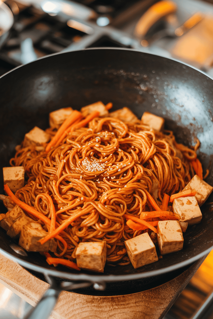 Indoor wok scene showing saucy noodles tangled with tofu cubes and julienned carrots, sesame seeds sprinkled on top. No branding or text.