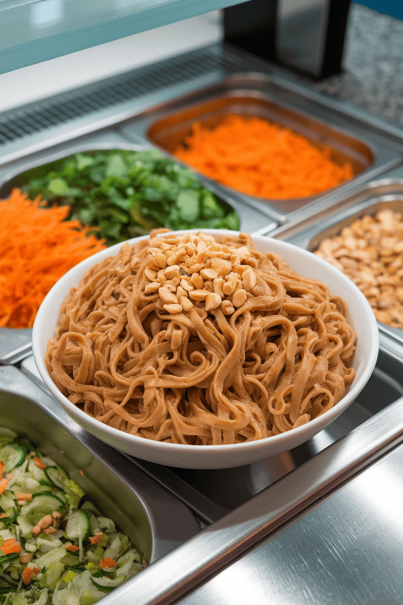 Photo, indoor salad bar setting, a bowl of chilled noodles coated in peanut sauce with shredded carrots and chopped peanuts; no text or logos anywhere.