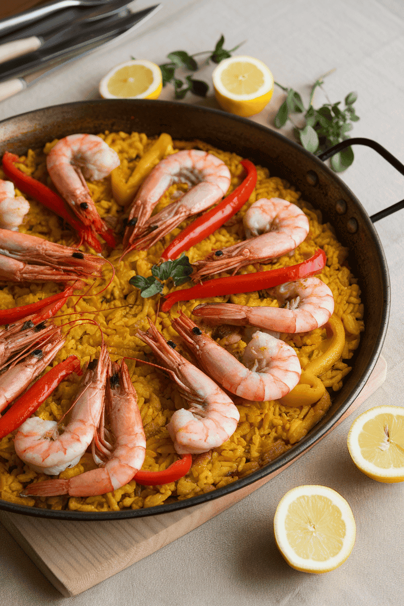 An indoor tabletop scene displaying a shallow pan of golden cooked paella with shrimp, chicken, and bell peppers arranged artfully. No text or logos present.