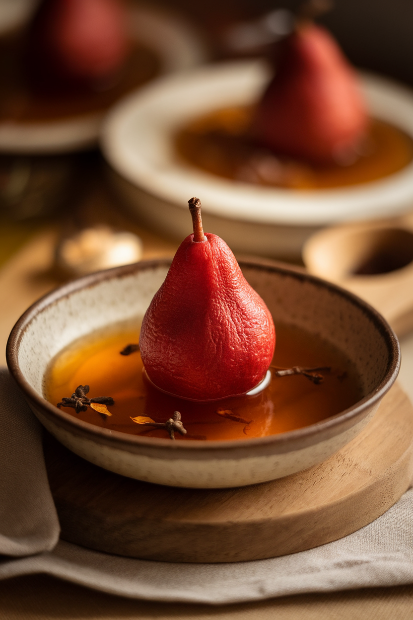 A shallow bowl with a ruby-colored poached pear standing upright in syrup, indoor photo. No text or logos.