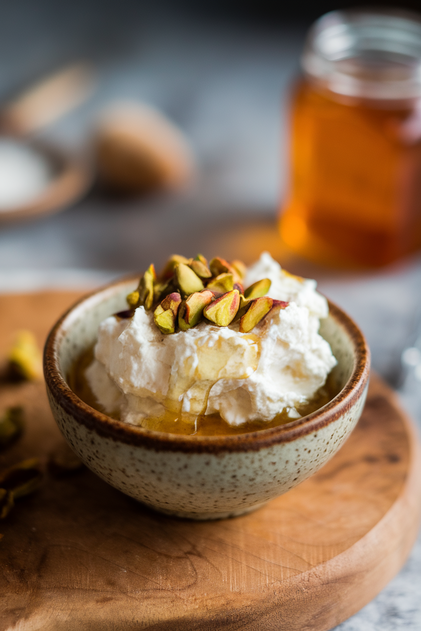 A small bowl of creamy ricotta drizzled with honey and sprinkled with pistachios indoors. Photo, no text or logos.