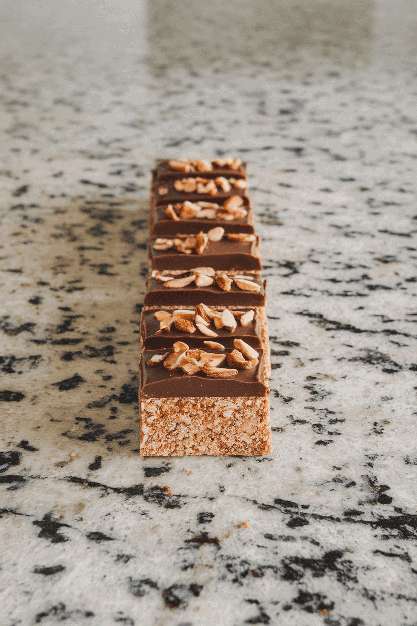 An indoor granite countertop with rectangular chocolate-coconut energy bars, toasted almond pieces visible on top. Overhead kitchen lighting; no text or logos; photo, not illustration.
