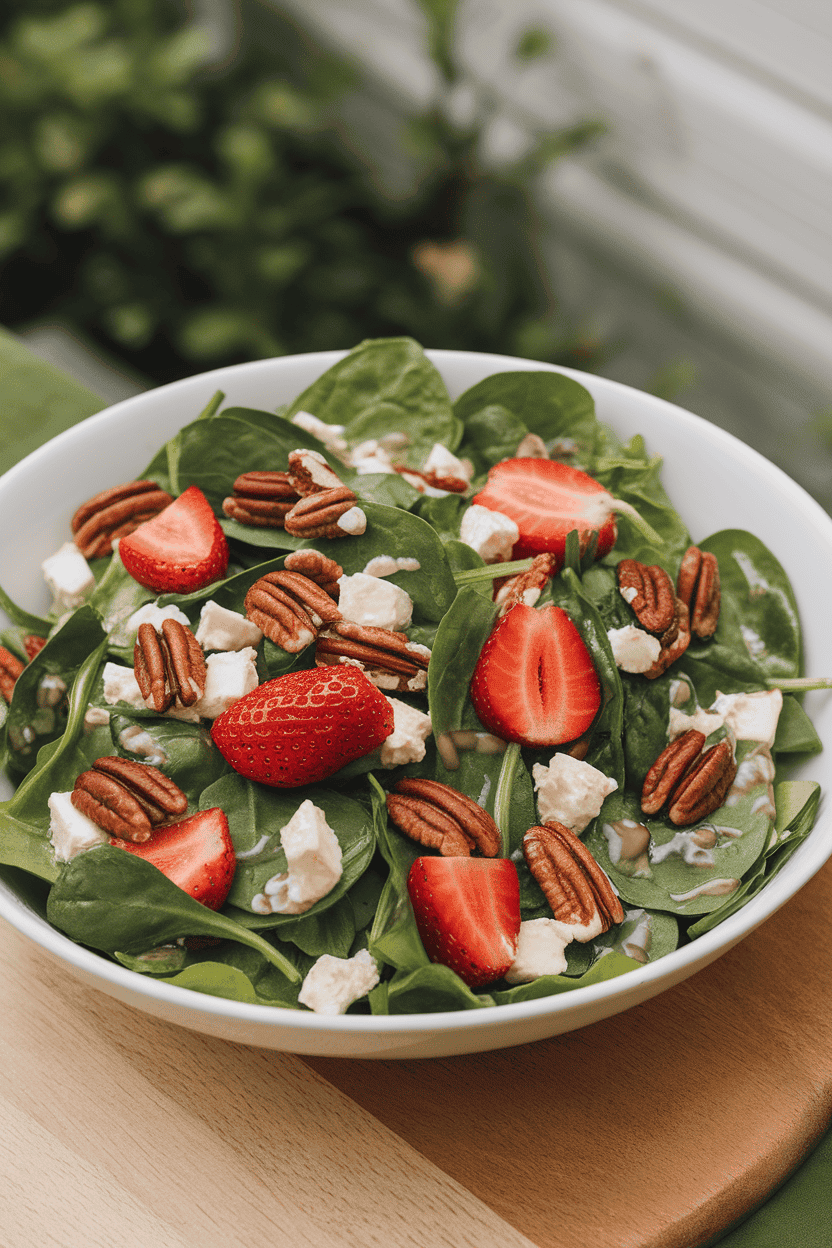 Indoor photo of baby spinach leaves tossed with sliced strawberries, goat cheese crumbles, and candied pecans in a white serving bowl. No text or logos.