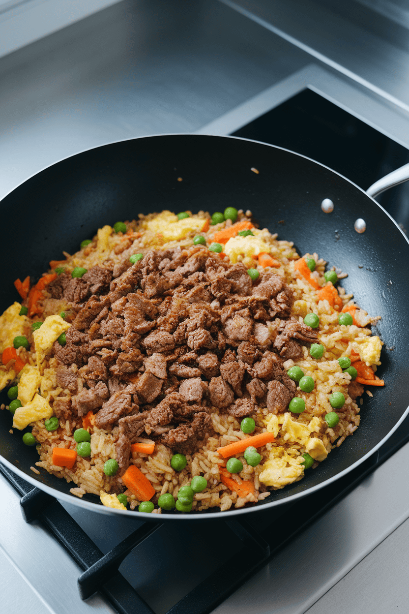 A wok on an indoor stovetop containing colorful fried rice with crumbled beef, peas, carrots, and scrambled egg; photo, no text or logos.