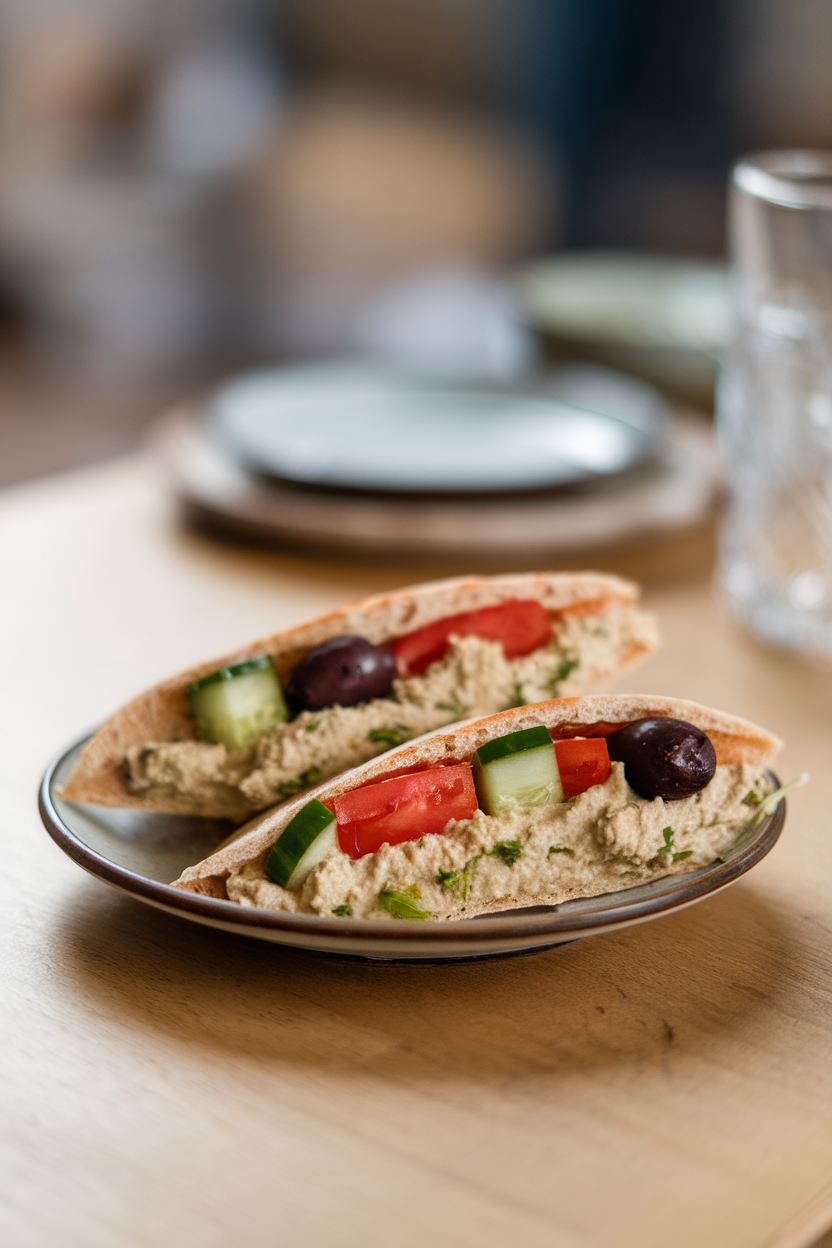 Indoor photo of pita halves stuffed with hummus, cucumbers, tomatoes, and olives on a small plate. No text or logos.