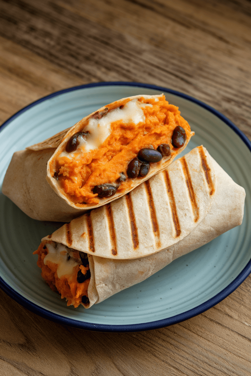 Indoor plate with a sliced burrito showing orange mashed sweet potato, black beans, and melted cheese inside a grilled tortilla. No text or logos.